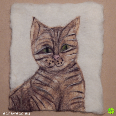 cuadro de gato atigrado, de lana afiletrada